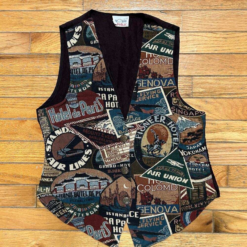 Vintage Denim Republic Vest Made In USA Travel Tourism Pattern Women's Small